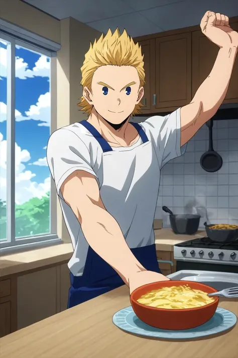 score_9, score_8_up, score_7_up, source_anime, rating_safe, intricate details, , looking at viewer, , 1boy, solo, male focus, <lora:mirio_toogata_pony:0.8>, mirio_toogata, blonde hair, blue eyes, short hair, spiked hair, , asymmetrical, kitchen, cooking, day, clouds, stretching, seductive smile, , <lora:sdxl_lightning_8step_lora:1>