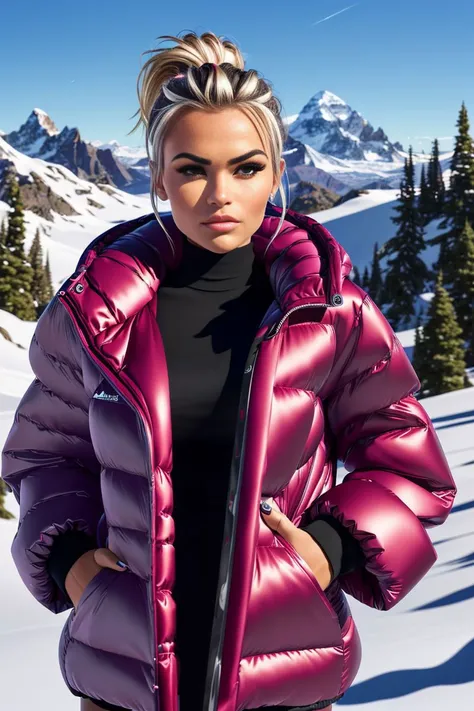 a beautiful S002_HaileyRhino, wearing a parkas, in snowy mountains, (8k, RAW photo, 35mm, DOF, best quality, ultra high res, photorealistic, masterpiece, ultra-detailed)