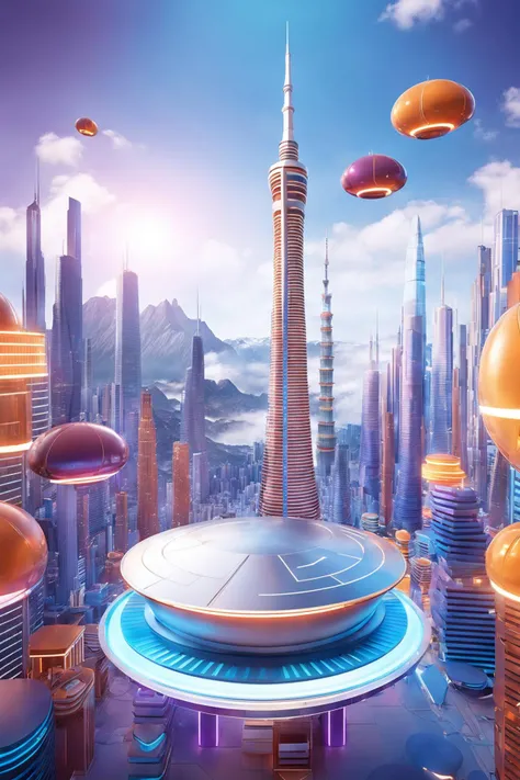 futuristic city with sky tower flying over it,in the style of vibrant stage backdrops,group f/64,miki asai,money themed,circular shapes,Mahogany and orange,ue5,c4d,blender,ocrendering,