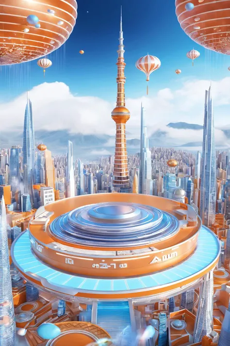 futuristic city with sky tower flying over it,in the style of vibrant stage backdrops,group f/64,miki asai,money themed,circular shapes,Persian orange and Chinese res,ue5,c4d,blender,ocrendering,