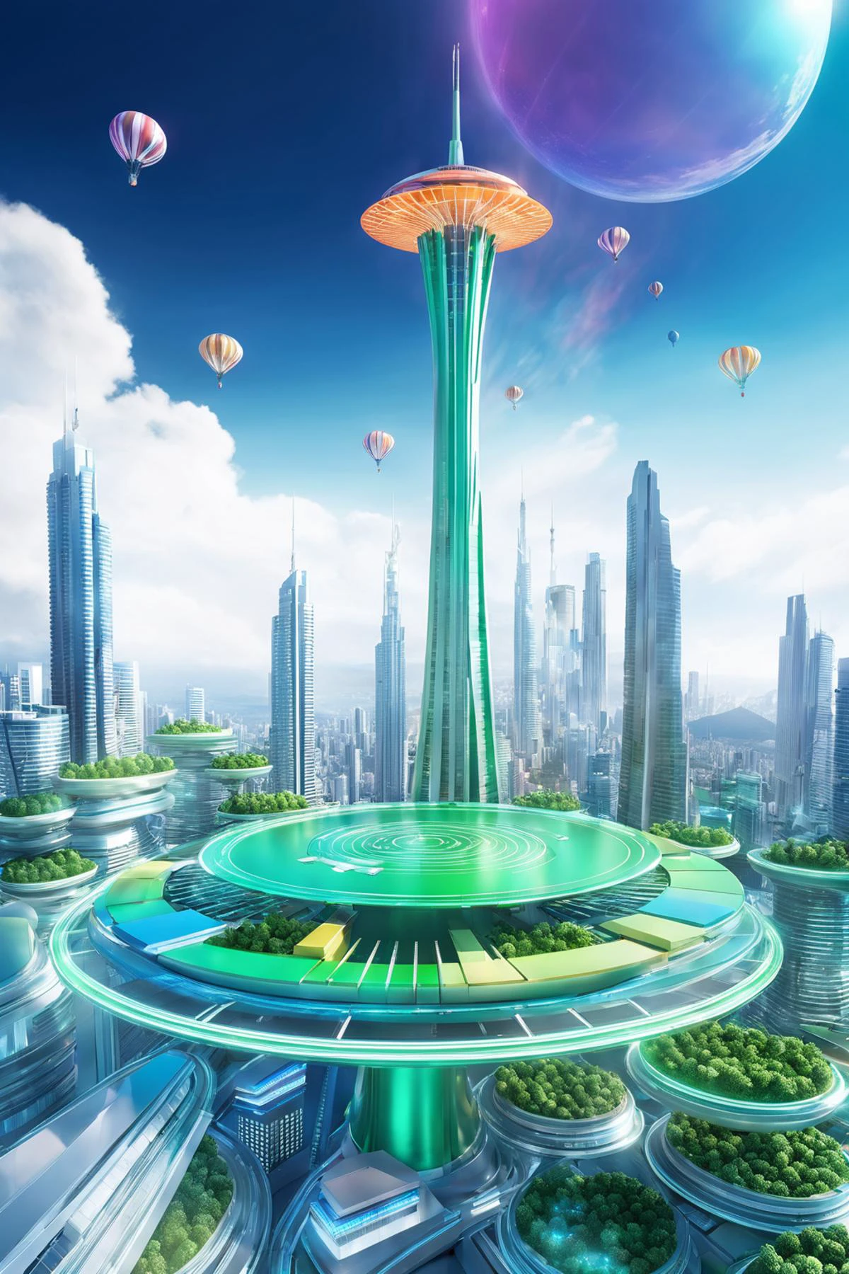 futuristic city with sky tower flying over it,in the style of vibrant stage backdrops,group f/64,miki asai,money themed,circular shapes,Sigma Natural Green and orange,ue5,c4d,blender,ocrendering,