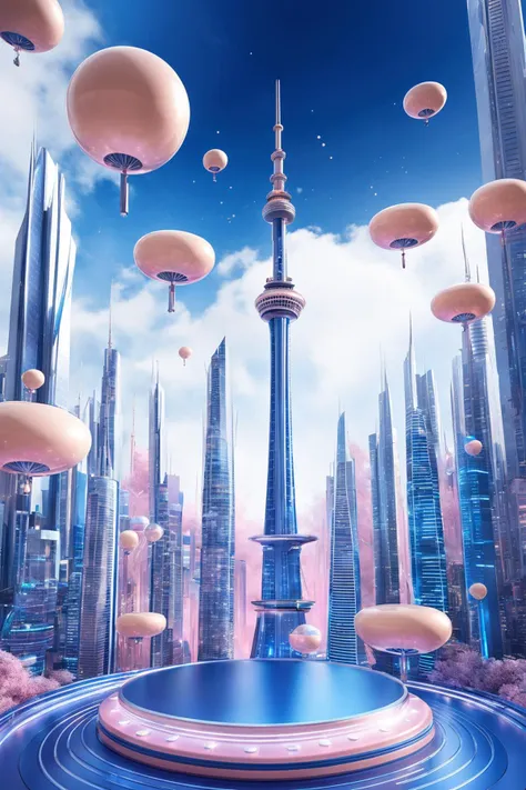 futuristic city with sky tower flying over it,in the style of vibrant stage backdrops,group f/64,miki asai,money themed,circular shapes,dark blue and Champagne pink,ue5,c4d,blender,ocrendering,