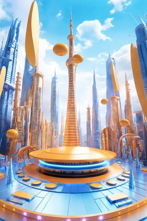 futuristic city with sky tower flying over it,in the style of vibrant stage backdrops,group f/64,miki asai,money themed,circular shapes,light yellow and orange,ue5,c4d,blender,ocrendering,