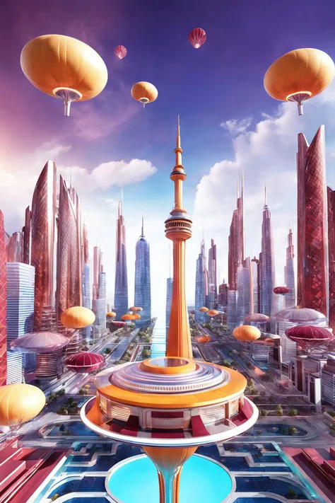 futuristic city with sky tower flying over it,in the style of vibrant stage backdrops,group f/64,miki asai,money themed,circular shapes,Persian orange and Burgundy,ue5,c4d,blender,ocrendering,