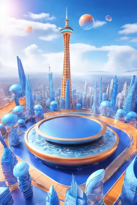 futuristic city with sky tower flying over it,in the style of vibrant stage backdrops,group f/64,miki asai,money themed,circular shapes,Lapis lazuli and orange,ue5,c4d,blender,ocrendering,