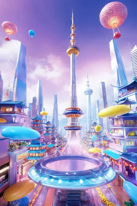 futuristic city with sky tower flying over it,in the style of vibrant stage backdrops,group f/64,miki asai,money themed,circular shapes,Banana Mania and Chinese res,ue5,c4d,blender,ocrendering,