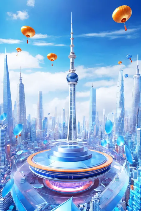 futuristic city with sky tower flying over it,in the style of vibrant stage backdrops,group f/64,miki asai,money themed,circular shapes,Blue sapphire and Chinese res,ue5,c4d,blender,ocrendering,