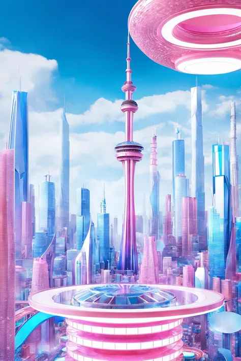 futuristic city with sky tower flying over it,in the style of vibrant stage backdrops,group f/64,miki asai,money themed,circular shapes,International Klein Blue and Barbie Pink,ue5,c4d,blender,ocrendering,