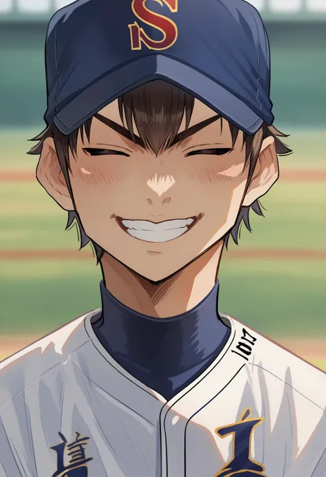 score_9, score_8_up, score_7_up, source_anime, RythSawaPony, Sawamura Eijun \(Ace of Diamond\), 1boy, medium full shot, baseball uniform, upper body, looking at viewer, baseball cap, smiling, closed eyes, blush,  <lora:SawamuraEijunPony-10:1>