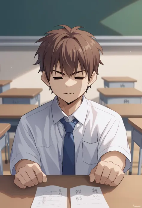 score_9, score_8_up, score_7_up, source_anime, RythSawaPony, Sawamura Eijun \(Ace of Diamond\), 1boy, brown hair, sitting at a desk, classroom, front view, upper body, white shirt, collared shirt, blue tie, <lora:SawamuraEijunPony:1>,  <lora:ChamElfExpressionPonyXL:1>, =w=, :3, = =, eyes closed, sweat drop,r