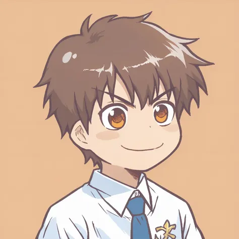 score_9, score_8_up, score_7_up, source_anime, RythSawaPony, Sawamura Eijun \(Ace of Diamond\), 1boy, smiling, upper body, white shirt, collared shirt, blue tie, brown hair, orange background, solo, <lora:SawamuraEijunPony:1>,  <lora:Ikiyouz-PonyXL-1024px:1>