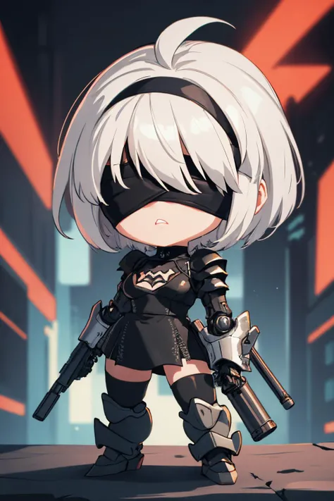 (CHIBI1.3),(full body),
<lora:2b-lora-nochekaiser:1>,
2b,(black blindfold:1.5),black hairband,blindfold,hairband,short hair,white hair,
(cyberpunk),RAGE UNLEASHED,ANGRY,with shot gun on the side,(heavy mecha armor),cybernetic,colourful stickers on armor,wasteland,volume lighting,