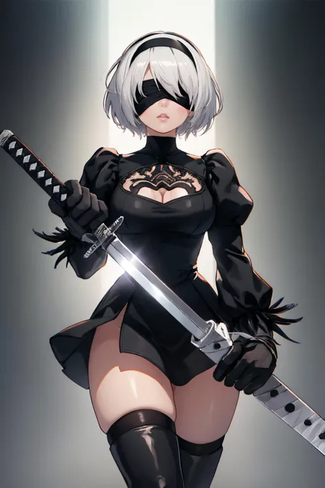 <lora:2b-lora-nochekaiser:1>,
2b,(black blindfold:1.5),black hairband,blindfold,hairband,short hair,white hair,
robot,cleavage cutout,clothing cutout,long sleeves,black skirt,side slit,black thighhighs,thigh boots,high heels,
katana,holding weapon,unsheathing,SHEATH,HOLDING SHEATH,fighting_stance,
(cyberpunk),wasteland,volume lighting,