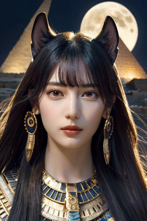 (otherworldly, otherworldly atmosphere, otherworldly appearance), highly insanely detailed, masterpiece, top quality, best quality, highres, 4k, 8k, RAW photo, (long_hair, long hair), collar, earrings, jewelry,
(random colors cloth, random colors hair, random long hair, dynamic hair, glowing hair),
long hair, eyelashes, eyeliner, makeup, hair over one eye,
(dynamic pose), (dynamic weather), (dynamic background), nsfw,
1girl, (portrait:1.2),
moon, night, ((ancient egyptian theme)), (anubis ears), pyramids, staff, (gold), golden ornaments,
1girl, looking at viewer, bangs, parted lips,
<lora:Nao Kosaka_v1:0.7>, (fantasy world)