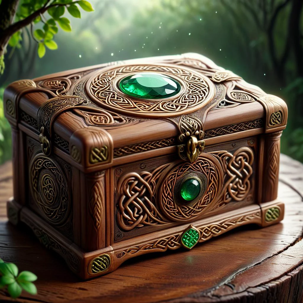 Naturalistic style with an emphasis on depicting scenes realistically, often with a focus on everyday life, celtic druidic ornate wooden box with gem filigree, Drapes Weevil Mica Uncanny Pressure, naturalistic, realistic depiction, everyday life, detailed, objective, authentic, lifelike