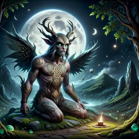 Nocturne style capturing scenes at night, often with a focus on moonlight and artificial lighting, bizarre and frightening vicious celtic druid, Artifacts Cricket Pyrite Ephemeral Melancholy, nocturne, scenes at night, moonlight, artificial lighting, atmospheric, mysterious, quiet, serene