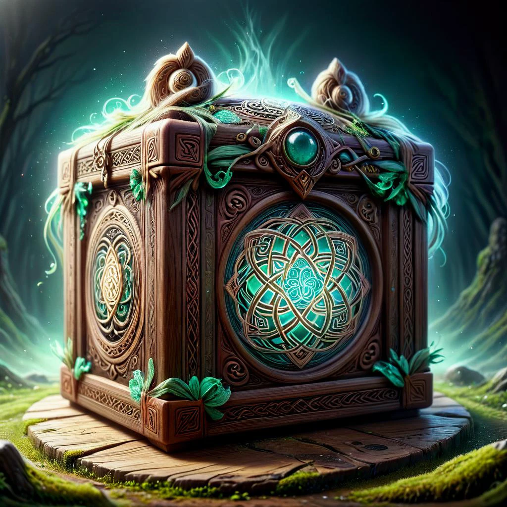 Vaporwave style with pastel colors, nostalgic imagery, and glitchy, surreal elements, celtic druidic ornate wooden box with gem filigree, Masks Tarantula Biotite Cimmerian Depths, vaporwave, pastel colors, nostalgic imagery, glitchy, surreal, retro-futuristic, dreamy, aesthetic
