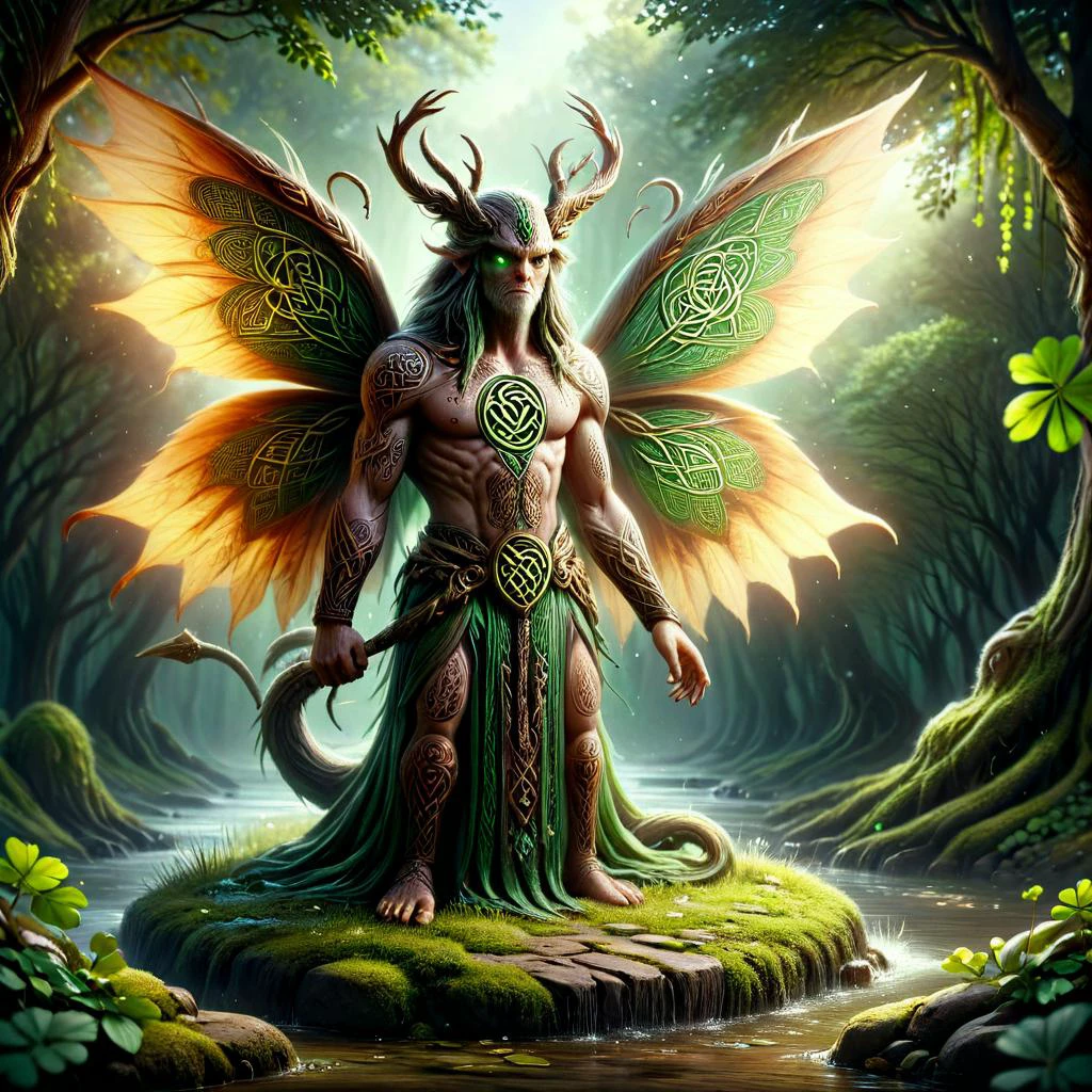 Naturalistic style with an emphasis on depicting scenes realistically, often with a focus on everyday life, bizarre and frightening vicious celtic druid, Foliage Dragonfly Muscovite Eerie Lament, naturalistic, realistic depiction, everyday life, detailed, objective, authentic, lifelike