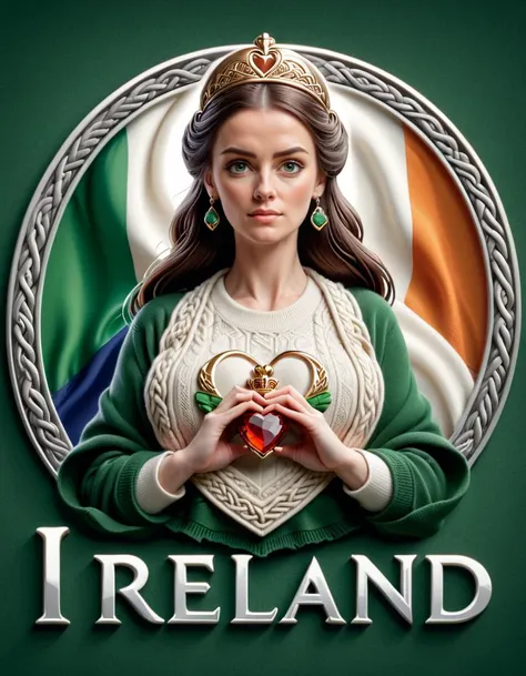 ("Ireland" text logo:1.6) amazing looking irish female with Claddagh Ring, Irish Aran Wool Knits, Avoca Woollen Throws, Newbridge Silver <lora:dvr-ftl:1> dvr-ftl <lora:ral-cltc:0.25> irish flag background