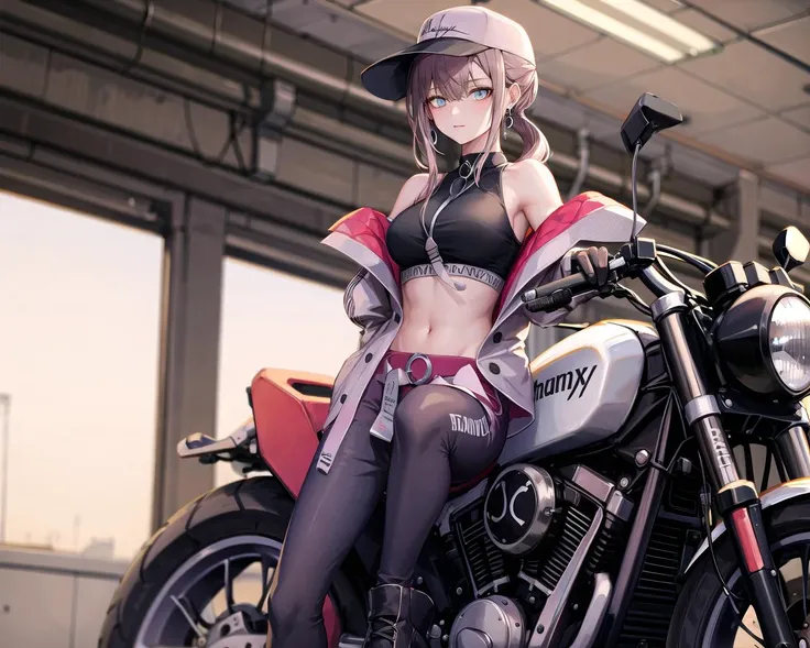original outfit, 1girl, solo, baseball cap,1girl, solo,large breasts,ground_vehicle, motor_vehicle, motorcycle,pale-skinned_female, boots, pants, navel, crop_top, on_motorcycle, jacket, logo,gloves, floating_hair,earrings, off_shoulder, open_jacket, midriff, black_footwear, multicolored_hair, bare_shoulders, helmet_removed, open_clothes, cross_earrings, sleeveless, jewelry, bangs, long_sleeves <lora:AR57-pynoise-000008:1>