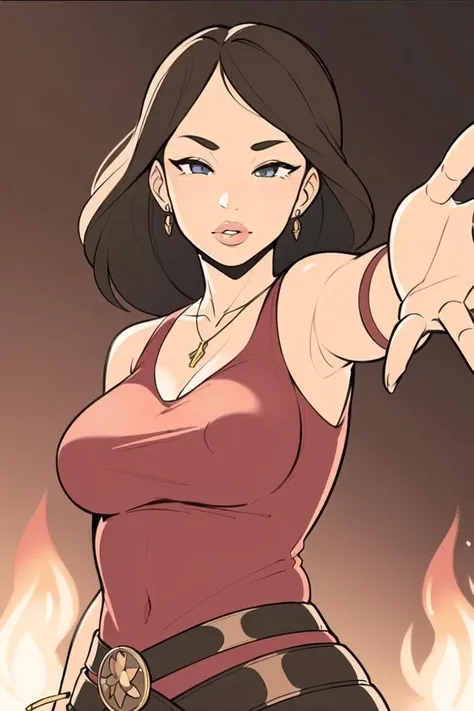 1girl, fire, flame, jewelry, lips, magic, leather armor, necklace, outstretched arm, outstretched hand, solo <lora:FileName:0.65>