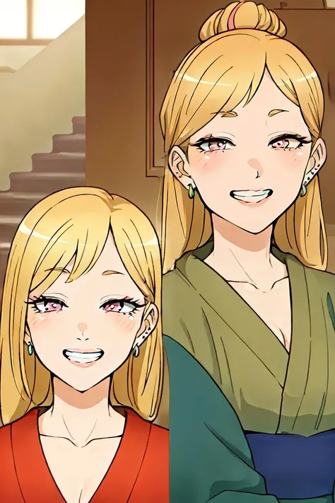 ((best quality)), ((highly detailed)), masterpiece, extremely detailed face, beautiful face, (detailed eyes, deep eyes), (1girl), different views, full body, <lora:MarinKitagawa:.7>, Marin Kitagawa, long hair, blonde hair, multicolored hair, pink eyes, fake nails, pink nails, grin, kimono, single hair bun, (indoors, in a stairway), <lora:Jopuari:.6>