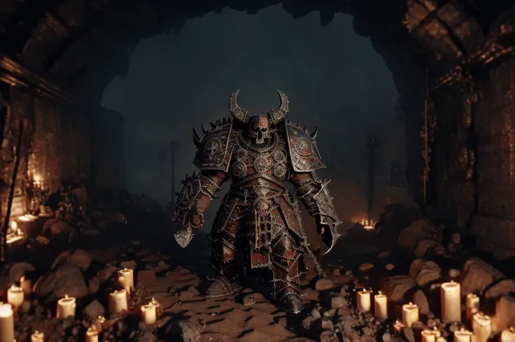 realistic analog photo, award winning photo,
<lora:chaoswarrior:0.75> ( a guy, chaos warrior:1.25), ready to fight, absurdly detailed, (blocking a tunnel entrance:1.2),
<lora:khorne:0.75> (khorne:1.1), intricate armor, skull, skulls everywhere, gothic, (bleak, terrifiying:1.1),
<lora:FantasyUnderground:0.75> fanun, (cave:1.25) decorated with skulls, (ambient light, several firepits, foggy tunnel, dimly lit, dark:1.1) ,
RAW, highres, 8k, uhd, High Dynamic Range, tonemapping, crisp details,