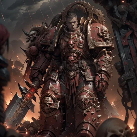 <lora:chaoswarrior:0.8> red chaos warrior, khorne, absurdly detailed,
<lora:khorne:0.8> khorne,red armor, decaying skull, ((two-handed Axe with long shaft)) gripping with both hands,
<lora:UnlimitedBladeWorks1.6:0.8> Unlimited Blade Works, holding, weapon,
<lora:zwaha:0.8> space marine, spacemarine
(smeared in blood , raining of blood), burning sunset twilight, Photorealistic analog photo,
RAW, highres, 16k, uhd, High Dynamic Range, tonemapping, crisp details,