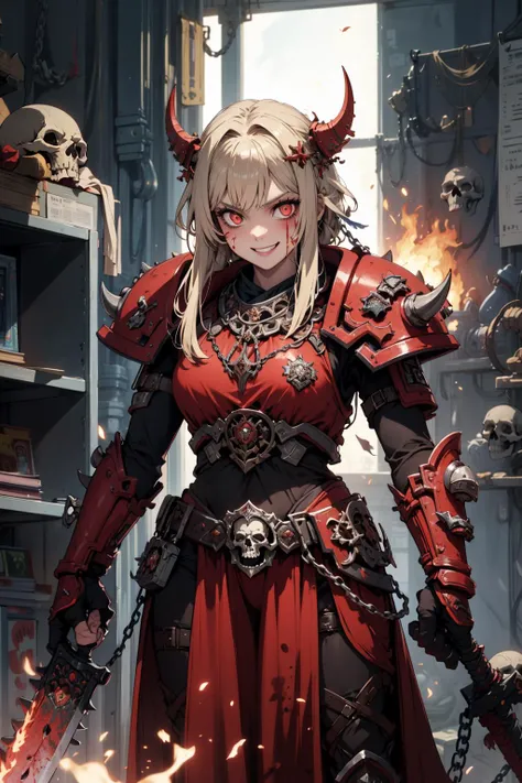 masterpiece, best quality, absurdres, 1girl, luminedef, khorne, armor, skull, chains, spikes, blood, evil, (science fiction:1.2), warhammer, glowing eyes, crazy smile, holding weapon, holding sword, fire in the background, <lora:khorne:0.8>, <lora:lumine1:0.8>