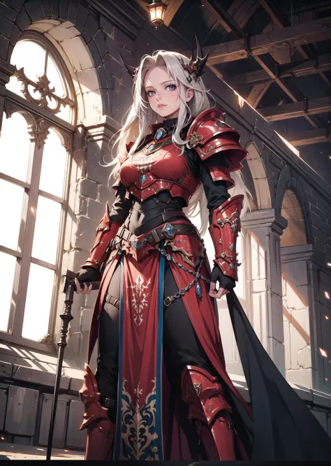 (1girl) (digital) ( in detailed bell tower, (armor)) , best quality, <lora:boldline:0.2> <lora:hairdetailer:0.2> khorne, <lora:khorne:0.7>