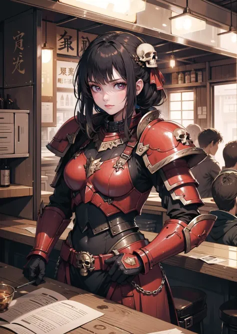 (1girl) (digital) ( in detailed izakaya, (armor)) , best quality, <lora:boldline:0.2> <lora:hairdetailer:0.2> khorne, skull, <lora:khorne:0.7>
