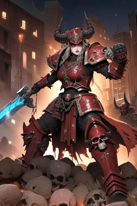 1boy, man, (masterpiece:1.2), (best quality:1.2), extremely detailed, highres, khorne, red armor, full armor, skull, <lora:khorne:1>, spiked armor, chain, helm, helmet, horned helmet, pauldrons, sword, torn cape, gauntlets, black fur, plate armor, glowing eyes, red eyes, atomic wasteland, fighting stance, (night, dark)