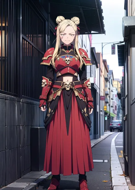 (1girl, gradient hair very long hair single hair bun, glowing eyes, <lora:eye-test3:0.6>, glasgow smile) (digital, glowing) (in detailed street, (overall skirt)) , best quality, <lora:boldline:0.2> <lora:hairdetailer:0.2> armor, khorne, skull, <lora:khorne:0.7>