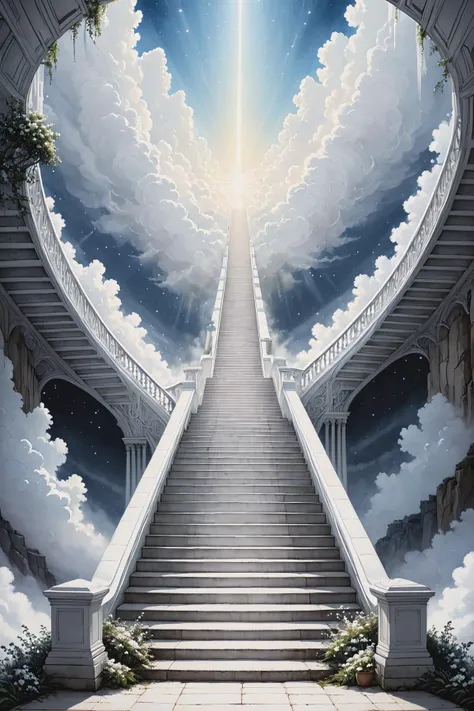 otclillsn, a wide stairway to heaven, outdoors, symmetry, glowing white tones, white atmosphere, white, ink painting, blunt tones, masterpiece, intricate details, illustration, best quality, high quality, ultra high res, professional artwork, 4k, 8k uhd, extremely intricate, extremely detailed, amazing, fine detail <lora:xl_more_art-full_v1:0.3> <lora:add-detail-xl:0.7> <lora:- SDXL - otclillsn_impossible_geo_V1.0:0.8>