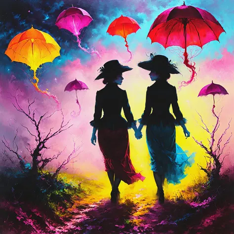 ultra-fine digital painting of a Teleporting entities with unpredictable appearances in a Dapper ladies in bonnets strolling leisurely <lora:xl_more_art-full_v1:0.3>, <lora:EnvyBetterHiresFixXL01:1>, <lora:Desolation:0.7>, <lora:EnvyFeverDreamXL01a:0.7>