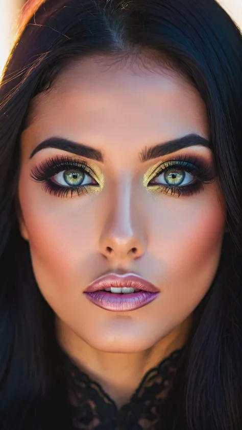 RAW photo of a woman Mara Moseta, long black hair, makeup, symmetry eyes and iris, aesthetic, depth of field, noir, high contrast, colorful, photograph poster, hyper detailed, cinematic lighting, soft shadows, sharp focus, best quality, ISO 100, 16K resolution.