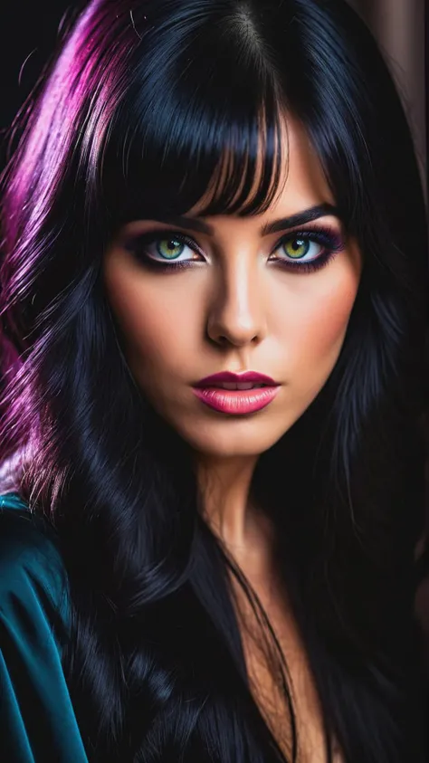 RAW photo of a woman Mara Moseta, long black hair, makeup, symmetry eyes and iris, aesthetic, depth of field, noir, high contrast, colorful, photograph poster, hyper detailed, cinematic lighting, soft shadows, sharp focus, best quality, ISO 100, 16K resolution.