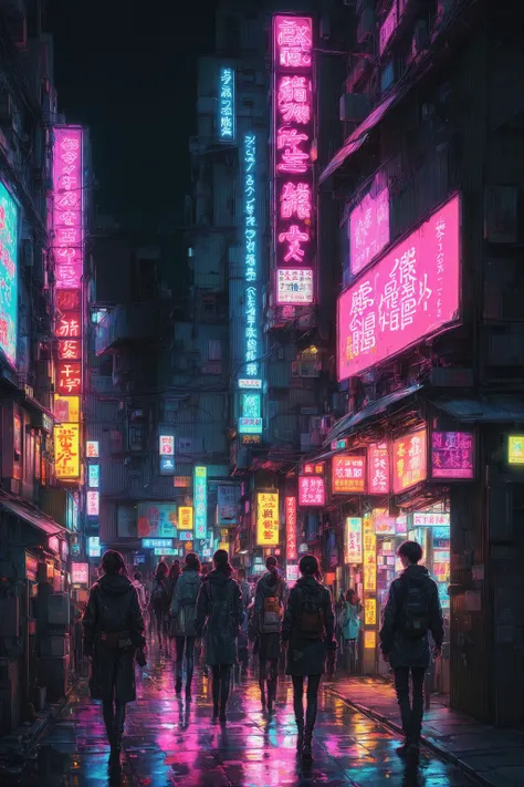 a city street at night with people walking on the sidewalk and a neon sign on the building that says tokyo, building, city lights, cityscape, cyberpunk, Elsa Bleda, cyberpunk art style, computer art