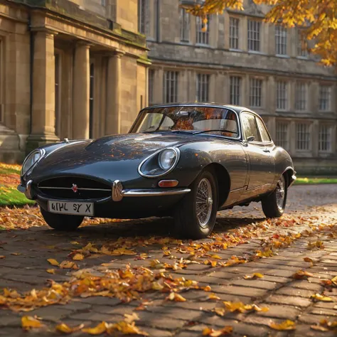1960s Jaguar E-Type, Oxford University, England, (f_stop 2.8), (focal_length 85mm), timeless elegance, cobblestone streets, historic academic buildings, embodiment of British luxury and innovation, soft morning light filtering through ancient trees, vivid autumn leaves, 4k, uhd, hdr, detailed reflection on polished chrome, air of scholarly prestige