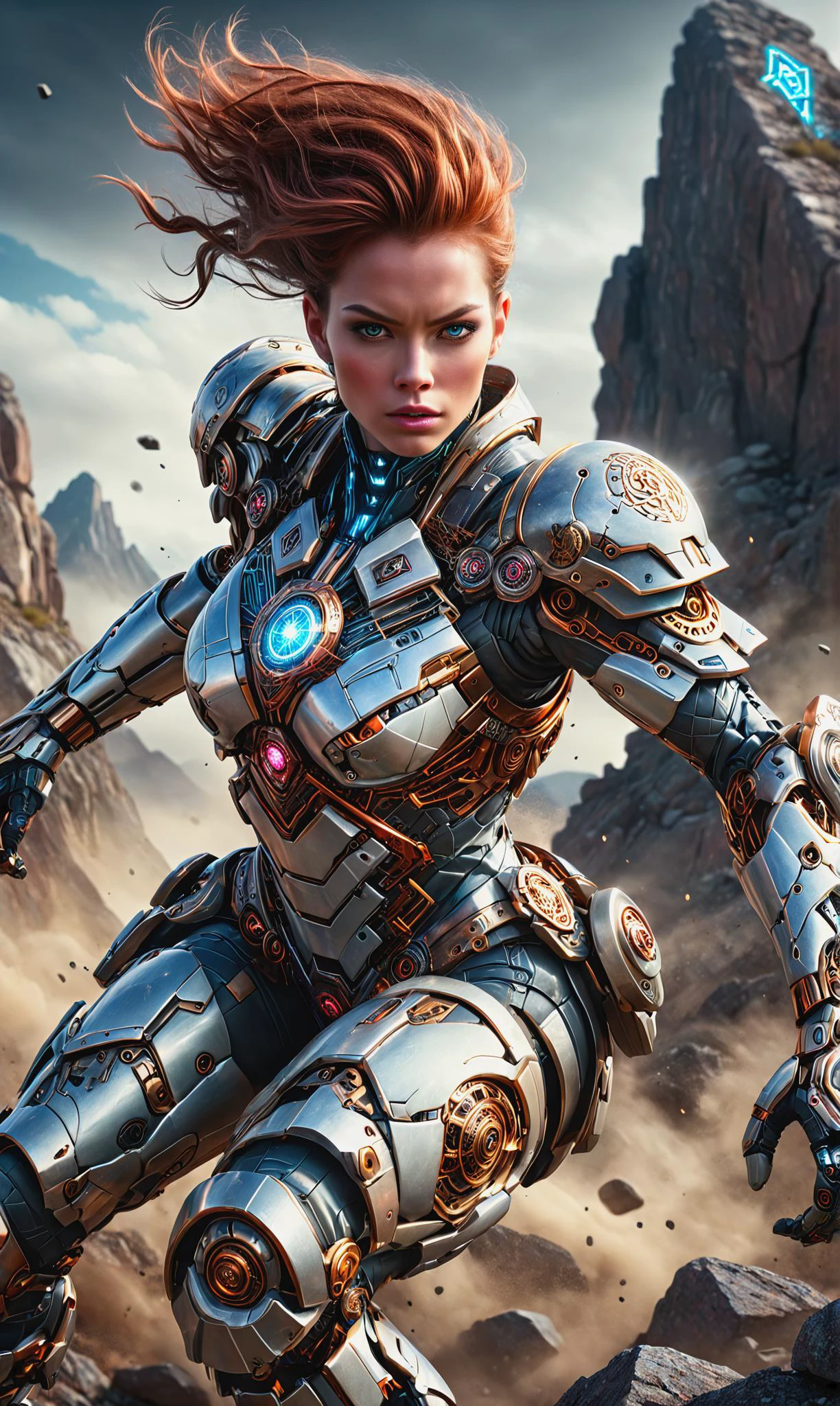 Detailed digital portrait of a <lora:RococoPunkAI:0.7> RococoPunkAI cyborg at a Rocky mountain pass with ancient runes, <lora:xl_more_art-full_v1:0.4>, <lora:PE_NeonUV Style:0.7> PENeonUV, Hard Lighting, <lora:d\EnvyActionShotXL01:1> action shot