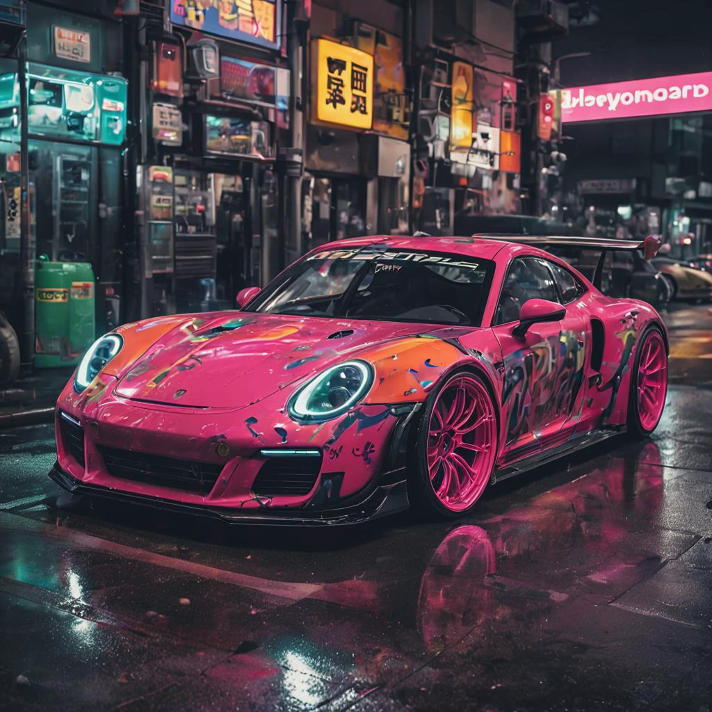 Porsche in Tokyo, neon paint, electromagnets as wheels, wheels of lightning, add detail, night photo, reflections, 4k, uhd, hdr