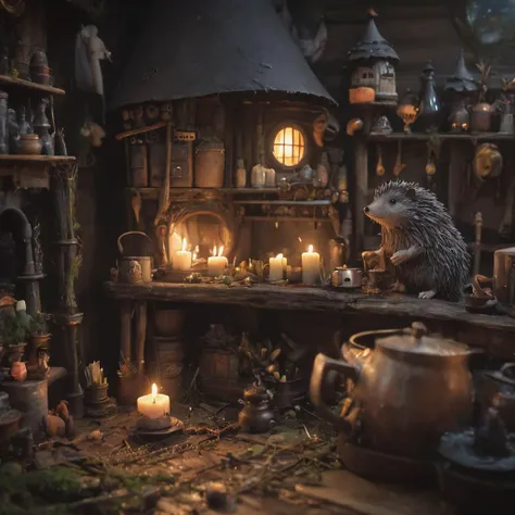 Tiny hedgehog, witch's cabin, forest edge, (f_stop 4.0), (focal_length 50mm), curious snout, bubbling cauldrons, shadowy figures, ancient spells, flickering candles, magical aura, cozy warmth
