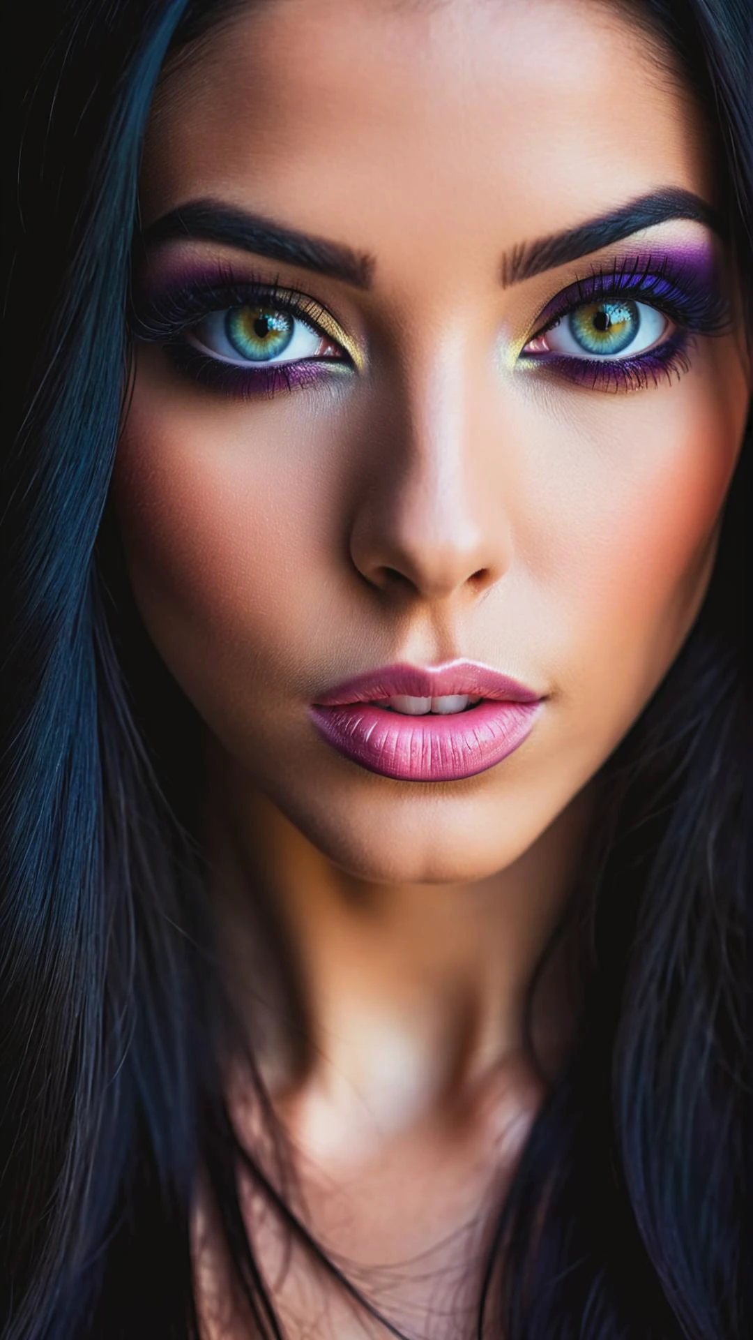 RAW photo of a woman Mara Moseta, long black hair, makeup, symmetry eyes and iris, aesthetic, depth of field, noir, high contrast, colorful, photograph poster, hyper detailed, cinematic lighting, soft shadows, sharp focus, best quality, ISO 100, 16K resolution.