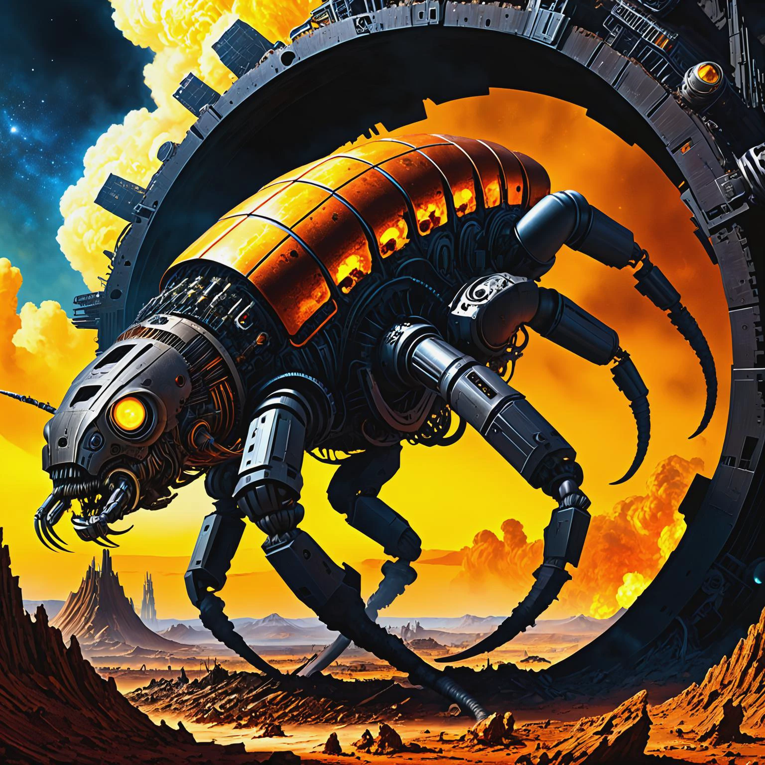 ultra-fine digital painting of a Mechanical monstrosity fueled by nuclear energy in a Inhabited asteroid colony facing cosmic anomalies <lora:xl_more_art-full_v1:0.3>, <lora:EnvyBetterHiresFixXL01:1>, <lora:DonMCyb3rN3cr0XL:0.7> DonMCyb3rN3cr0XL, super detail, ultra-realism, Chiaroscuro