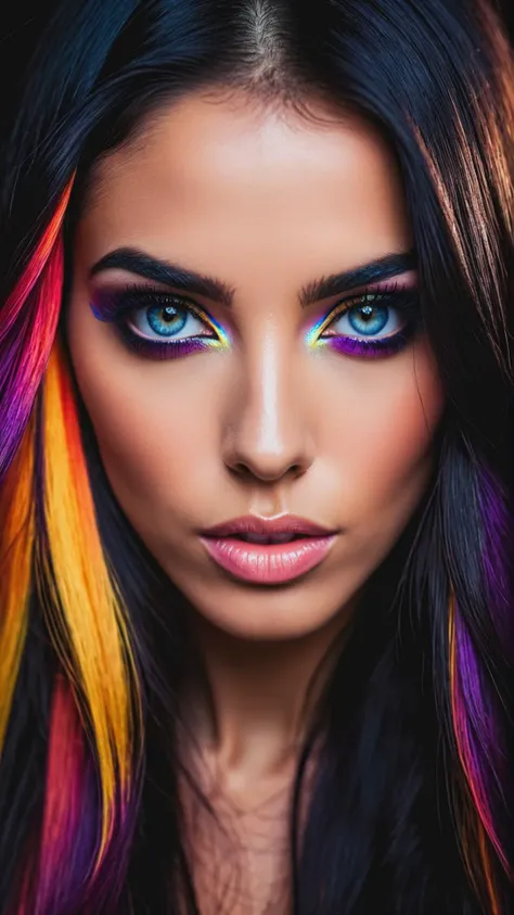 RAW photo of a woman Mara Moseta, long black hair, makeup, symmetry eyes and iris, aesthetic, depth of field, noir, high contrast, colorful, photograph poster, hyper detailed, cinematic lighting, soft shadows, sharp focus, best quality, ISO 100, 16K resolution.