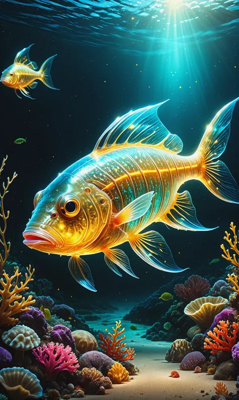 photorealistic, detailed digital illustration of a Bioluminescent lanternfish in deep ocean at a Coastal estuary with diverse marine life <lora:xl_more_art-full_v1:0.4>, <lora:gorgoeus_splash_of_vibrant_paint:0.7> Gorgeous splash of vibrant paint, Golden hour, <lora:ral-czmcrnbw:0.7>