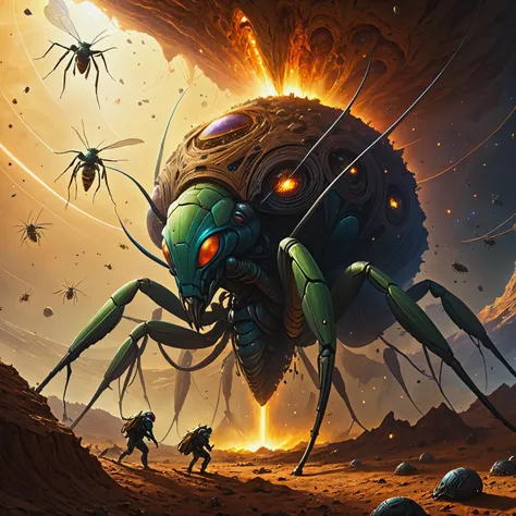 ultra-fine digital painting of a Insectoid swarm erupting from underground nests in a Spacefaring nomads exploring cosmic anomalies <lora:xl_more_art-full_v1:0.3>, <lora:EnvyBetterHiresFixXL01:0.4>, <lora:compb0t:0.7> comprobo, super detail, ultra-realism, Flickering light