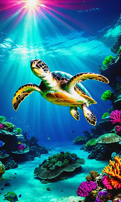 photorealistic, detailed digital illustration of a Graceful sea turtle cruising effortlessly at a Vibrant coral atoll in tropical waters <lora:xl_more_art-full_v1:0.4>, <lora:blacklight_makeup_v2:0.7> blacklight makeup, Dramatically lit, <lora:- SDXL - letitflrsh_let_it_flourish_V1.0:0.7>