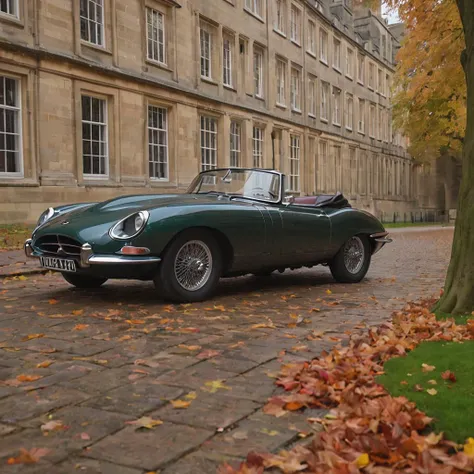 1960s Jaguar E-Type, Oxford University, England, (f_stop 2.8), (focal_length 85mm), timeless elegance, cobblestone streets, historic academic buildings, embodiment of British luxury and innovation, soft morning light filtering through ancient trees, vivid autumn leaves, 4k, uhd, hdr, detailed reflection on polished chrome, air of scholarly prestige