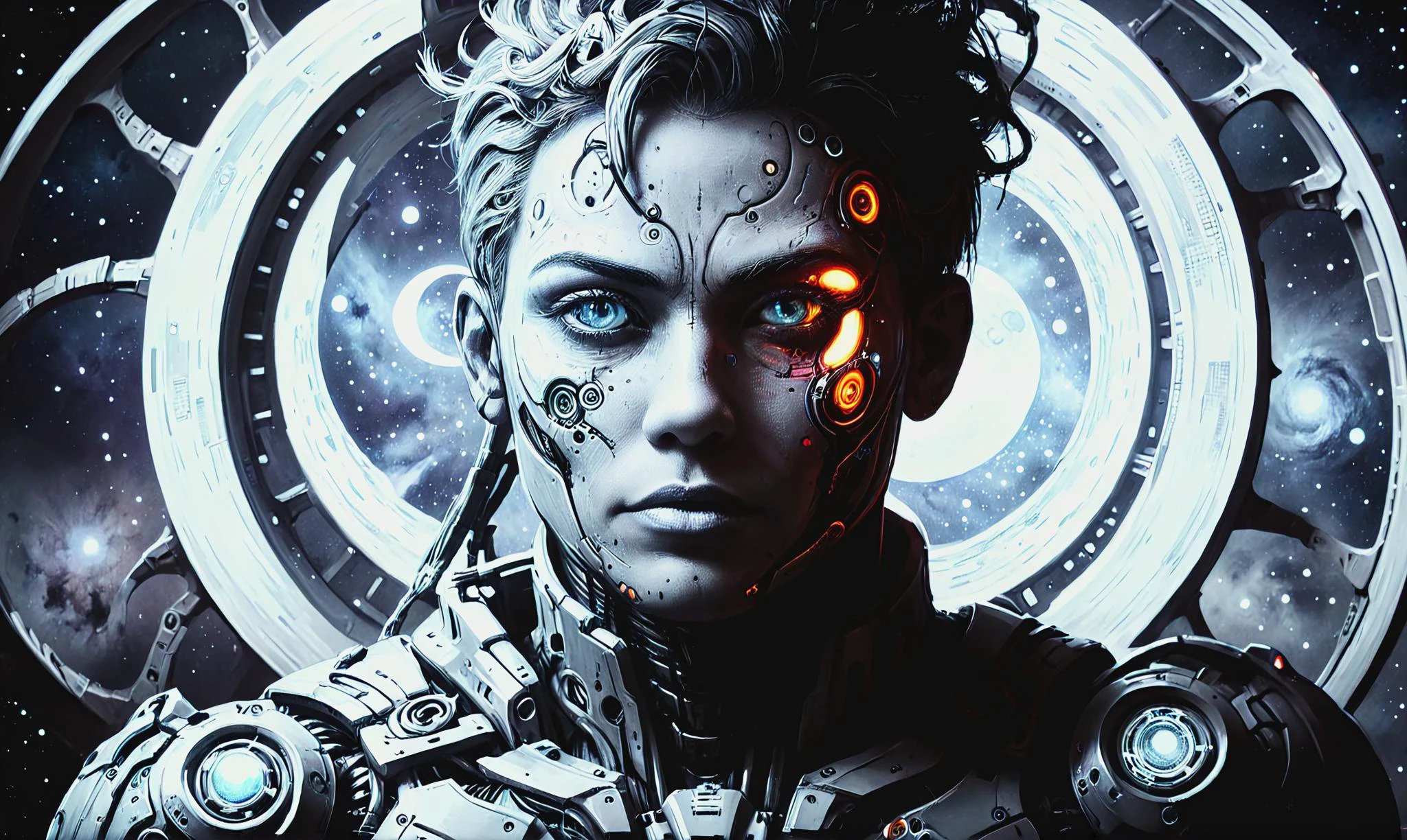 Detailed digital portrait of a <lora:RLyehStyleAI:0.7> rlyehstyleai cyborg at a Planetary rings repurposed for habitation, <lora:xl_more_art-full_v1:0.4>, <lora:bl4ckl1ghtxl:0.7> bl4ckl1ghtxl, Chiaroscuro, <lora:InkArtXL_1.2:0.7> ink art, line art